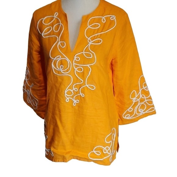 Orange Embroidered Linen Tunic Top Boho Festival Beach Cover Up - Picture 1 of 8